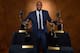 MIAMI, FL - MAY 5: LeBron James #6 of the Miami Heat poses with his collection of Maurice Podoloff Trophies after being named the 2012-2013 Kia NBA Most Valuable Player (MVP) of the Year for the fourth time on May 5, 2013 at American Airlines Arena in Mia
