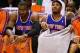 May 14, 2013; Indianapolis, IN, USA; New York Knicks forward Carmelo Anthony (7) sits next to forward Amar'e Stoudemire (1) after fouling out against the Indiana Pacers during game four of the second round of the 2013 NBA Playoffs at Bankers Life Fieldhou