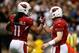 NEW ORLEANS, LA - SEPTEMBER 22: Carson Palmer and Larry Fitzgerald #11 of the Arizona Cardinals celebrate after a touchdown against the New Orleans Saints at the Mercedes-Benz Superdome on September 22, 2013 in New Orleans, Louisiana. (Photo by Chris