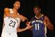 Aug 1, 2013; Metairie, LA, USA; New Orleans Pelicans forward Anthony Davis (23) with guard Jrue Holiday (11) during a uniform unveiling at the team practice facility. Mandatory Credit: Derick E. Hingle-USA TODAY Sports