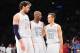 December 25, 2012; Los Angeles, CA, USA; Los Angeles Lakers power forward Pau Gasol (16), shooting guard Kobe Bryant (24) and point guard Steve Nash (10) react during a stoppage in play against the New York Knicks during the second half at Staples Center.