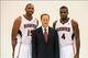 Sep 30, 2013; Atlanta, GA, USA; Atlanta Hawks power forward Al Horford (15) and power forward Paul Millsap (4) pose with head coach Mike Budenholzer (center) during media day at Philips Arena. Mandatory Credit: Daniel Shirey-USA TODAY Sports