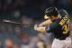 Sep 29, 2013; Seattle, WA, USA; Oakland Athletics designated hitter Brandon Moss (37) hits a RBI double against the Seattle Mariners during the second inning at Safeco Field. Mandatory Credit: Steven Bisig-USA TODAY Sports