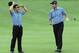 DUBLIN, OH - OCTOBER 01: International Team Assistant Captain Shigeki Maruyama of Japan waits with Hideki Matsuyama during a practice round at Muirfield Village Golf Club prior to the start of The Presidents Cup on October 1, 2013 in Dublin, Ohio. (Phot