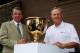 DUBLIN, OH - JUNE 02: Jack Nicklaus (R) poses with PGA Tour commissioner Tim Finchem after the 2013 President's Cup was awarded to the Muirfield Village Golf Club prior to the start of the 2010 Memorial Tournament at the Muirfield Village Golf Club on Ap