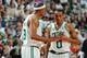 BOSTON, MA - APRIL 28: Paul Pierce #34 and Avery Bradley #0 of the Boston Celtics talk during a time out against the New York Knicks during Game Four of the Eastern Conference Quarterfinals on April 28, 2013 at the TD Garden in Boston, Massachusetts. NO
