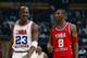 ATLANTA - FEBRUARY 9: Michael Jordan (Washington Wizards) #23 of the Eastern Conference All-Stars talks with Kobe Bryant (Los Angeles Lakers) #8 of the Western Conference All-Stars at the 2003 NBA All-Star Game on February 9, 2003 at Philips Arena in Atl