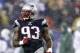 Sep 12, 2013; Foxborough, MA, USA; New England Patriots defensive tackle Tommy Kelly (93) celebrates after a sack against the New York Jets during the second half at Gillette Stadium. Mandatory Credit: Mark L. Baer-USA TODAY Sports