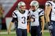 Sep 29, 2013; Atlanta, GA, USA; New England Patriots place kicker Stephen Gostkowski (3) reacts with punter Ryan Allen (6) after kicking a field goal against the Atlanta Falcons during the second quarter at the Georgia Dome. Mandatory Credit: Dale Zanine-