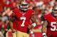 Sep 22, 2013; San Francisco, CA, USA; San Francisco 49ers quarterback Colin Kaepernick (7) jogs off the field after fumbling the ball against the Indianapolis Colts in the fourth quarter at Candlestick Park. The Colts defeated the 49ers 27-7. Mandatory Cr