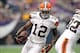 Sep 22, 2013; Minneapolis, MN, USA; Cleveland Browns wide receiver Josh Gordon (12) carries the ball during the first quarter against the Minnesota Vikings at Mall of America Field at H.H.H. Metrodome. Mandatory Credit: Brace Hemmelgarn-USA TODAY Sports