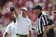 Sep 14, 2013; Norman, OK, USA; Oklahoma Sooners head coach Bob Stoops argues with an official during the game against the Tulsa Golden Hurricane at Gaylord Family - Oklahoma Memorial Stadium. Mandatory Credit: Kevin Jairaj-USA TODAY Sports