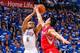 OKLAHOMA CITY, OK - APRIL 21: Derek Fisher #6 of the Oklahoma City Thunder shoots a three-pointer against Jeremy Lin #7 of the Houston Rockets in Game One of the Western Conference Quarterfinals during the 2013 NBA playoffs on April 21, 2013 at the Chesap