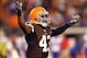Oct 3, 2013; Cleveland, OH, USA; Cleveland Browns strong safety T.J. Ward (43) celebrates after beating the Buffalo Bills 37-24 at FirstEnergy Stadium. Mandatory Credit: Ron Schwane-USA TODAY Sports