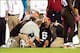 Oct 3, 2013; Cleveland, OH, USA; Cleveland Browns quarterback Brian Hoyer (6) is attended to by medical staff after being injured during the first quarter against the Buffalo Bills at FirstEnergy Stadium. Mandatory Credit: Andrew Weber-USA TODAY Sports