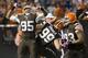 CLEVELAND, OH - OCTOBER 3: Defensive end Armonty Bryant #95 of the Cleveland Browns celebrates after sacking quarterback Jeff Tuel #8 of the Buffalo Bills during the second half at FirstEnergy Stadium on October 3, 2013 in Cleveland, Ohio. The Browns defe
