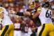 LANDOVER, MD - AUGUST 19: Guard David DeCastro #66 of the Pittsburgh Steelers blocks defensive tackle Kedric Golston #64 of the Washington Redskins as quarterback Ben Roethlisberger #7 eludes the tackle during the first half of a preseason game at FedExFi