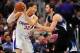 January 20, 2012; Los Angeles, CA, USA; Los Angeles Clippers power forward Blake Griffin (32) controls the ball against the defense of Minnesota Timberwolves power forward Kevin Love (42) during the first half at Staples Center. Mandatory Credit: Gary A.