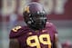 Sep 21, 2013; Minneapolis, MN, USA; Minnesota Golden Gophers defensive lineman Ra'Shede Hageman (99) looks on during pre game before a game against the San Jose State Spartans at TCF Bank Stadium. Mandatory Credit: Jesse Johnson-USA TODAY Sports
