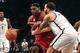 Jan. 30, 2013; Brooklyn, NY, USA; Miami Heat small forward LeBron James (6) drives to the net past Brooklyn Nets point guard Deron Williams (8) during the first half at Barclays Center. Mandatory Credit: Debby Wong-USA TODAY Sports