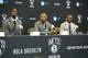 BROOKLYN, NY - July 18: Kevin Garnett #2, Paul Pierce #34, and Jason Terry #31 of the Brooklyn Nets speak to media during a press conference at the Barclays Center on July 18, 2013 in the Brooklyn borough of New York City. NOTE TO USER: User expressly ac