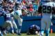 CHARLOTTE, NC - SEPTEMBER 22: Kawann Short #99 of the Carolina Panthers sacks Eli Manning #10 of the New York Giants during their game at Bank of America Stadium on September 22, 2013 in Charlotte, North Carolina. (Photo by Streeter Lecka/Getty Images