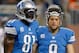 DETROIT, MI - SEPTEMBER 29: Calvin Johnson #81 and Matthew Stafford #9 of the Detroit Lions prepare to play the Chicago Bears during pregame at Ford Field on September 29, 2013 in Detroit, Michigan. (Photo by Gregory Shamus/Getty Images)