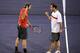 INDIAN WELLS, CA - MARCH 12: Pete Sampras (R) of the United States and Roger Federer of Switzerland celebrate a point in their match against Andre Agassi of the United States and Rafael Nadal of Spain during the BNP Paribas Open Players Party & Hit for
