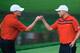 DUBLIN, OH - OCTOBER 05: Bill Haas (L) and Steve Stricker of the U.S. Team win the ninth hole during the Day Three Foursome Matches at the Muirfield Village Golf Club on October 5, 2013 in Dublin, Ohio. (Photo by Matt Sullivan/Getty Images)