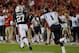 Oct 5, 2013; Auburn, AL, USA; Auburn Tigers defensive back Robenson Therezie (27) runs the ball for a touchdown after intercepting during the first quarter against the Mississippi Rebels at Jordan Hare Stadium. Mandatory Credit: Shanna Lockwood-USA TODAY