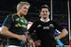 JOHANNESBURG, SOUTH AFRICA - OCTOBER 05: Jean de Villiers of South Sfrica and Richie McCaw of New Zealand share a conversation during The Rugby Championship match between South Africa and New Zealand at Ellis Park on October 05, 2013 in Johannesburg, Sout