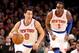 Jan. 3, 2013; New York, NY, USA; New York Knicks point guard Pablo Prigioni (9) dribbles the ball between center Tyson Chandler (6) and power forward Amar'e Stoudemire (1) against the San Antonio Spurs during the first half at Madison Square Garden. Manda