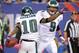 Oct 6, 2013; East Rutherford, NJ, USA; Philadelphia Eagles wide receiver DeSean Jackson (10) celebrates with quarterback Nick Foles (9) after a touchdown in the fourth quarter against the New York Giants during the game at MetLife Stadium. Mandatory Credi