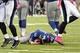 Oct 6, 2013; East Rutherford, NJ, USA; New York Giants quarterback Eli Manning (10) reacts after being sacked in the 4th quarter against the Philadelphia Eagles during the game at MetLife Stadium. Mandatory Credit: Robert Deutsch-USA TODAY Sports