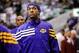 Mar 21, 2012; Dallas, TX, USA; Los Angeles Lakers center Jordan Hill (27) warms up before the game against the Dallas Mavericks at the American Airlines Center. The Lakers defeated the Mavericks 109-93. Mandatory Credit: Jerome Miron-USA TODAY Sports