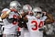 STATE COLLEGE, PA - OCTOBER 27: Running back Carlos Hyde #34 of the Ohio State Buckeyes celebrates his second quarter touchdown against the Penn State Nittany Lions at Beaver Stadium on October 27, 2012 in State College, Pennsylvania. (Photo by Patrick Sm