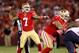 Oct 6, 2013; San Francisco, CA, USA; San Francisco 49ers quarterback Colin Kaepernick (7) prepares to throw a pass against the Houston Texans in the third quarter at Candlestick Park. The 49ers defeated the Texans 34-3. Mandatory Credit: Cary Edmondson-US