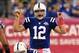 Oct 6, 2013; Indianapolis, IN, USA; Indianapolis Colts quarterback Andrew Luck (12) during the second half of the game against the Seattle Seahawks at Lucas Oil Stadium. The Colts won 34-28. Mandatory Credit: Pat Lovell-USA TODAY Sports
