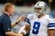 Oct 6, 2013; Arlington, TX, USA; Dallas Cowboys head coach Jason Garrett talks to quarterback Tony Romo (9) before the game against the Denver Broncos at AT&T Stadium. Mandatory Credit: Tim Heitman-USA TODAY Sports