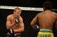 Apr 20, 2013; San Jose, CA, USA; T.J. Dillashaw (left) fights Hugo Viana (right) during the bantamweight bout prelims of the UFC on Fuel TV at HP Pavilion. Mandatory Credit: Kyle Terada-USA TODAY Sports