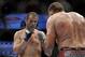 May 15, 2012; Fairfax, VA, USA; Fabio Maldonado (left) looks for an opening on Igor Pokrajac (right) during the Korean zombie vs Poirier event at Patriot Center. Mandatory Credit: Rafael Suanes-USA TODAY Sports
