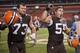 CLEVELAND, OH - OCTOBER 3: Tackle Joe Thomas #73 and center Alex Mack #55 of the Cleveland Browns celebrate after defeating the Buffalo Bills during the first half at FirstEnergy Stadium on October 3, 2013 in Cleveland, Ohio. The Browns defeated the Bills