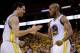 OAKLAND, CA - APRIL 26: Klay Thompson #11 congratulates Jarrett Jack #2 of the Golden State Warriors after Jack made a basket during their game against the Denver Nuggets during Game Three of the Western Conference Quarterfinals of the 2013 NBA Playoffs