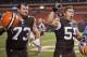 CLEVELAND, OH - OCTOBER 3: Tackle Joe Thomas #73 and center Alex Mack #55 of the Cleveland Browns celebrate after defeating the Buffalo Bills during the first half at FirstEnergy Stadium on October 3, 2013 in Cleveland, Ohio. The Browns defeated the Bills