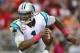GLENDALE, AZ - OCTOBER 06: Quarterback Cam Newton #1 of the Carolina Panthers scrambles with the football during the NFL game against the Arizona Cardinals at the University of Phoenix Stadium on October 6, 2013 in Glendale, Arizona. The Cardinals defeat