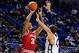 Jan 7, 2013; University Park, PA, USA; Indiana Hoosiers forward Jeremy Hollowell (33) takes a shot over Penn State Nittany Lions forward Ross Travis (43) during the second half at the Bryce Jordan Center. Indiana defeated Penn State 74-51. Mandatory Cre