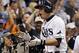Oct 7, 2013; St. Petersburg, FL, USA; Tampa Bay Rays third baseman Evan Longoria (3) reacts after he hit a 3-run home run during the fifth inning against the Boston Red Sox of game three of the American League divisional series at Tropicana Field. Mandato