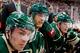 ST. PAUL, MN - APRIL 9: (L-R) Zach Parise #11, Jason Pominville #29, and Mikko Koivu #9 of the Minnesota Wild watch from the bench against the Chicago Blackhawks during the game on April 9, 2013 at the Xcel Energy Center in Saint Paul, Minnesota. (Photo b