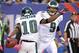 Oct 6, 2013; East Rutherford, NJ, USA; Philadelphia Eagles wide receiver DeSean Jackson (10) celebrates with quarterback Nick Foles (9) after a touchdown in the fourth quarter against the New York Giants during the game at MetLife Stadium. Mandatory Credi
