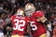 November 19, 2012; San Francisco, CA, USA; San Francisco 49ers running back Kendall Hunter (32) is congratulated by guard Alex Boone (75) for scoring a touchdown against the Chicago Bears during the second quarter at Candlestick Park. Mandatory Credit: Ky